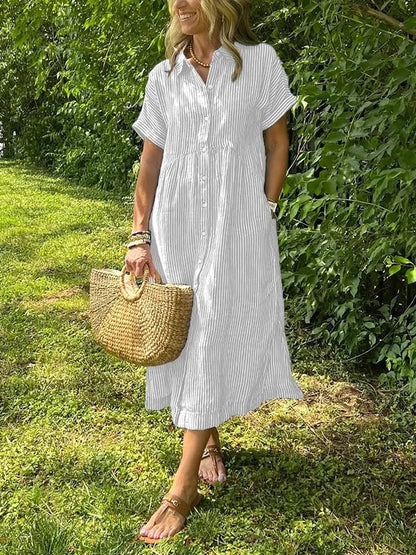 Women's Midi Dress with Button-Up Front and Vertical Stripes