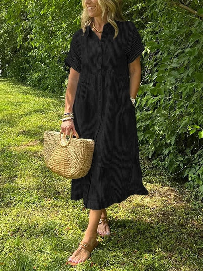 Women's Midi Dress with Button-Up Front and Vertical Stripes