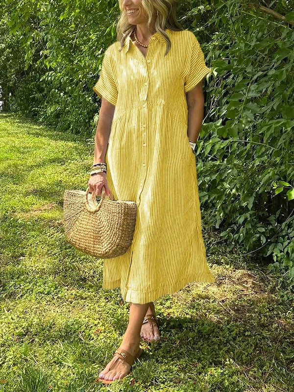 Women's Midi Dress with Button-Up Front and Vertical Stripes