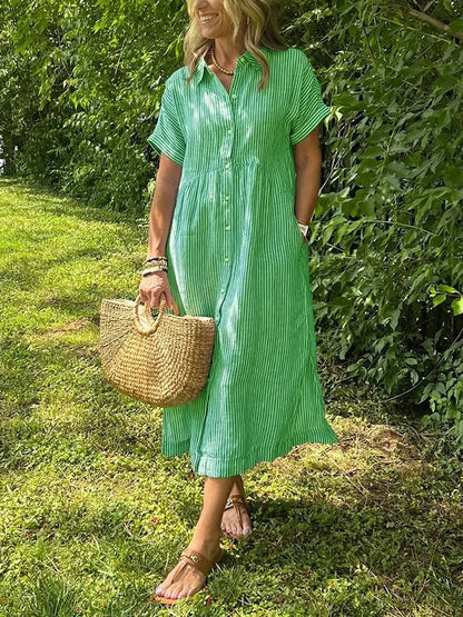 Women's Midi Dress with Button-Up Front and Vertical Stripes